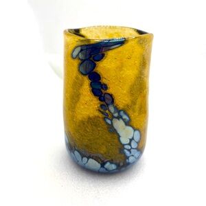 Vintage Unique Studio Art Glass Hand Blown Multi Color Tumbler Blue & Tan